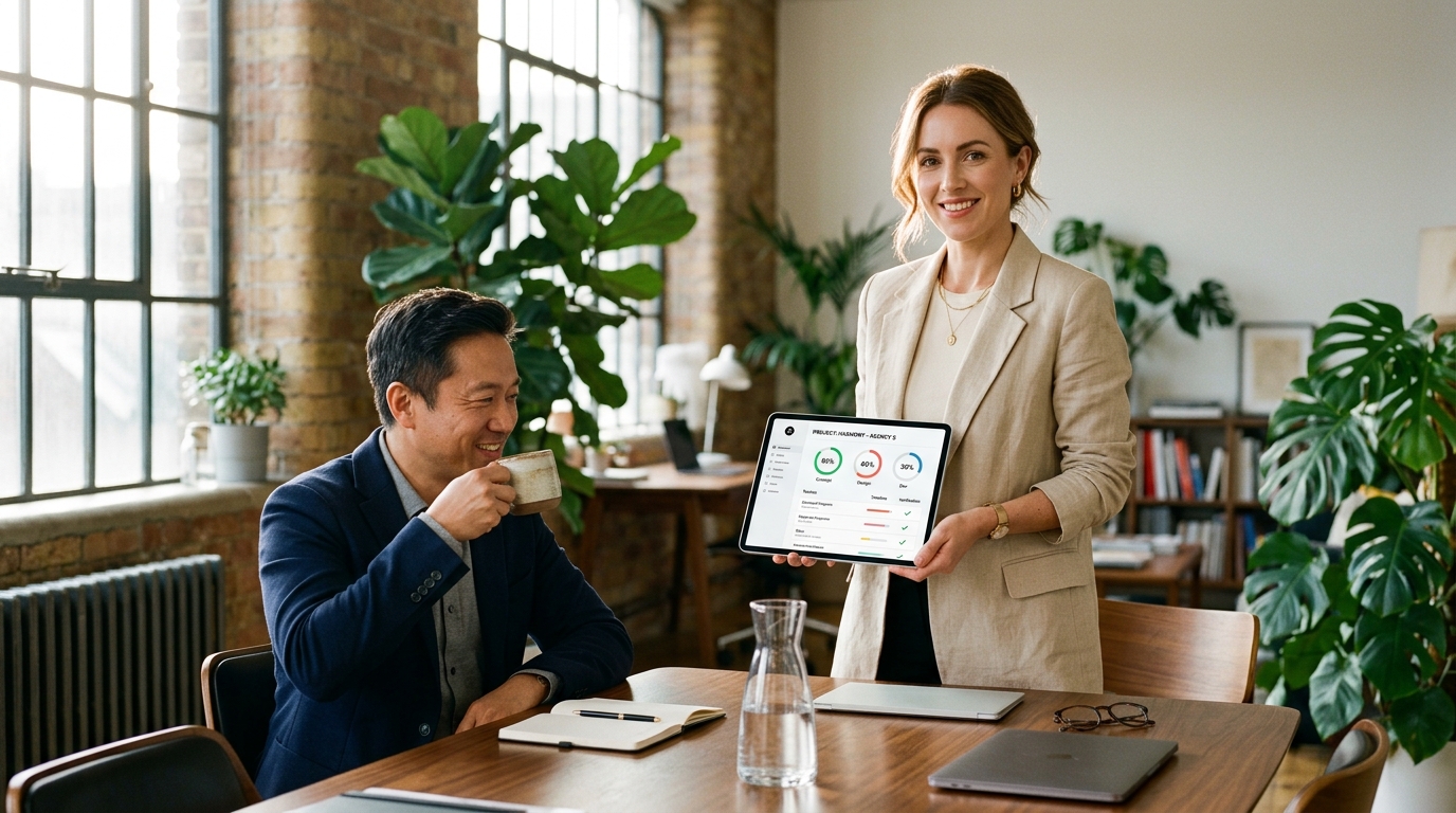 Boutique agency founder presenting white-label client portal with milestone progress badges to an impressed corporate client