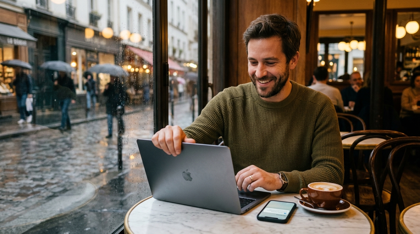 Freelancer closing laptop with quiet relief at a cafe as TaskEdge releases milestone escrow payment