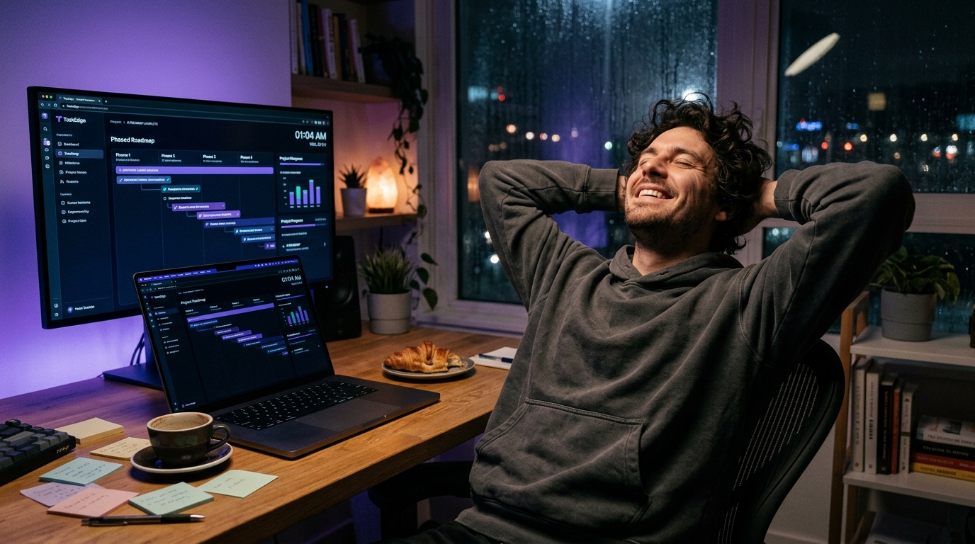 Solopreneur and indie hacker at 1:00 AM leaning back in pure relief as TaskEdge generates a phased roadmap from raw ideas